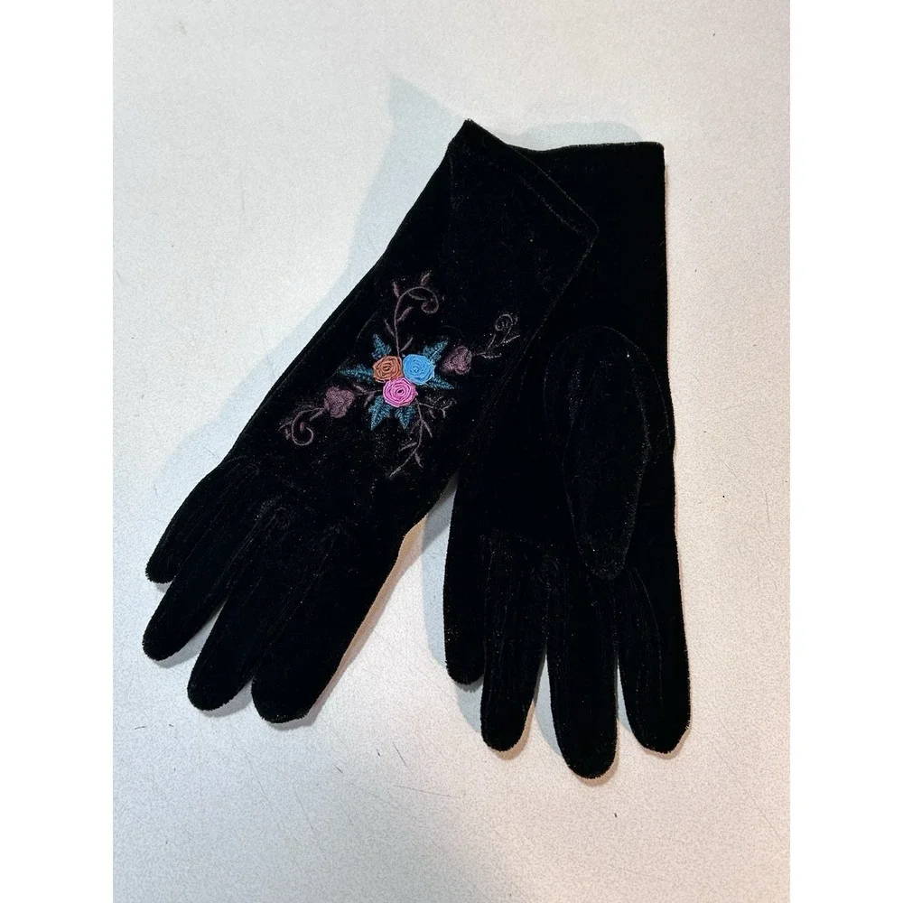 Vintage Black Velvet Gloves – Floral Embroidery Whimsygoth Victorian Cosplay